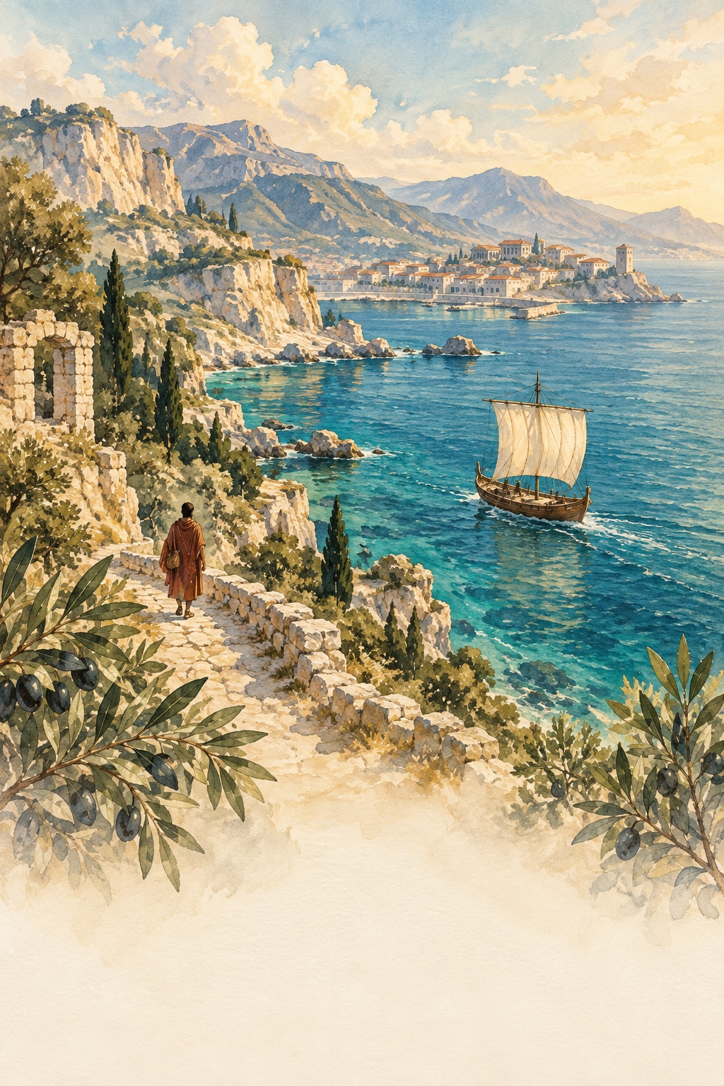 Illustrated Mediterranean coast, a traveler on a stone path and a small sailing boat